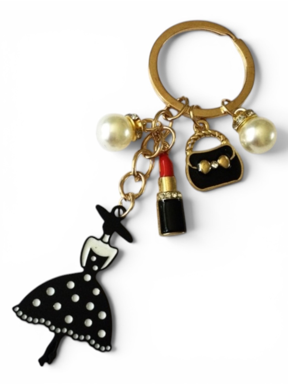 Fashion‑Girl Enamel Bag Charm / Keychain – Chic Black, Gold & Pearl Details - Picture 9 of 10